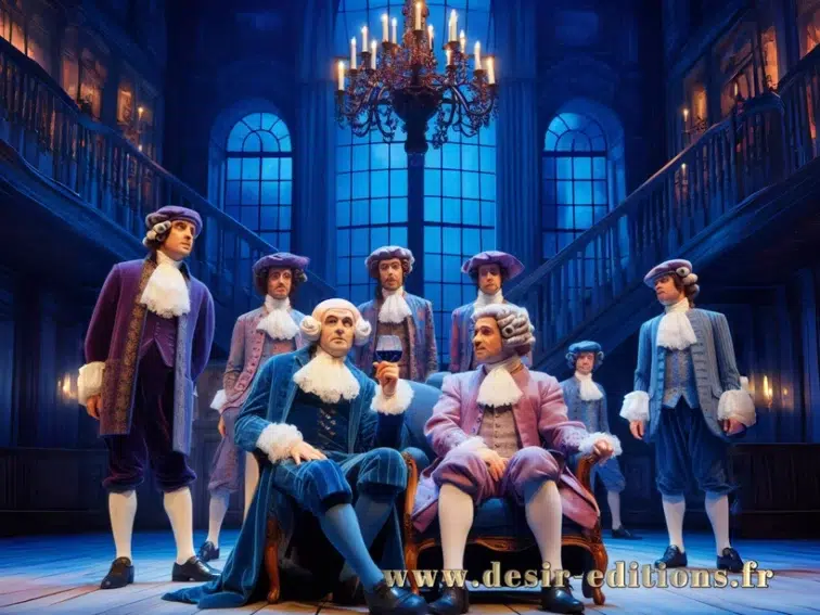 Hommes en costumes historiques dans un salon élégant.