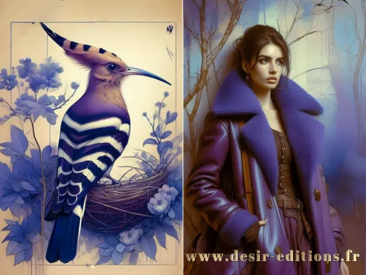 Oiseau et femme en manteau violet, artistique.