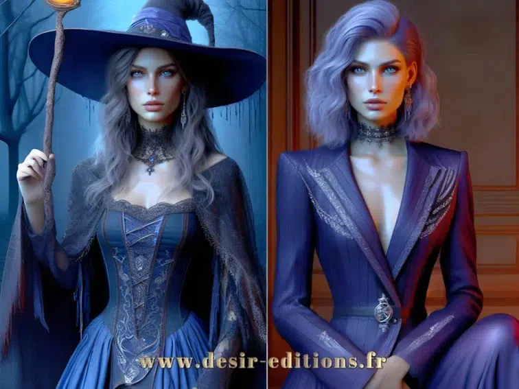Femme en sorcière et tenue chic.