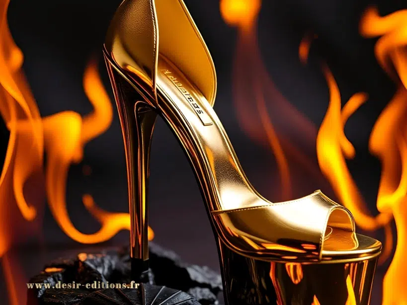 Escarpin doré brillant sur fond flamboyant