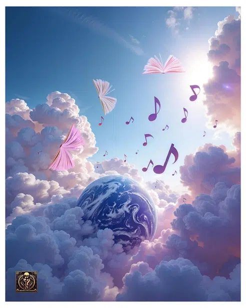 Livres flottants et notes de musique dans le ciel.