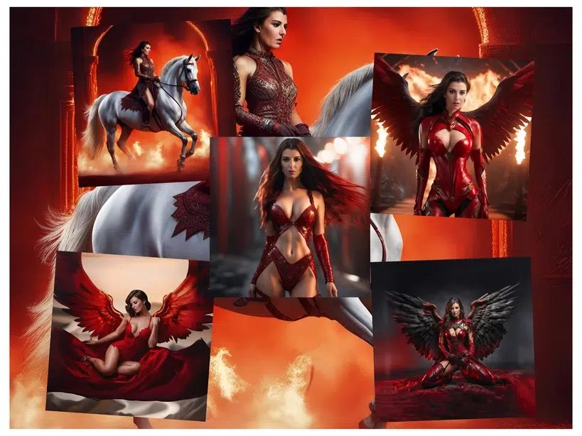 Femme en armure rouge avec ailes.